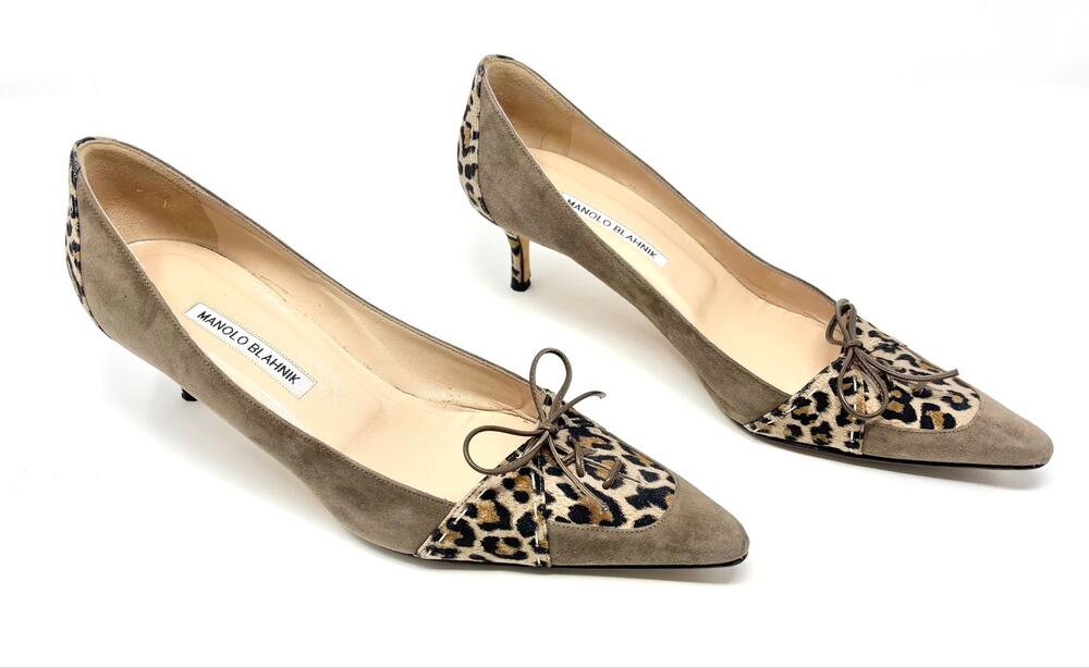 Manolo Blahnik Y2K Leopard Pony Hair Lace Up Beige Suede Kitten Heels 40.5